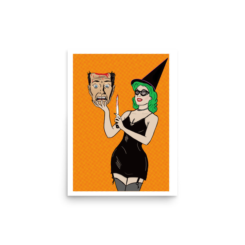 Funny Halloween poster print with girl holding someone’s head and knife 