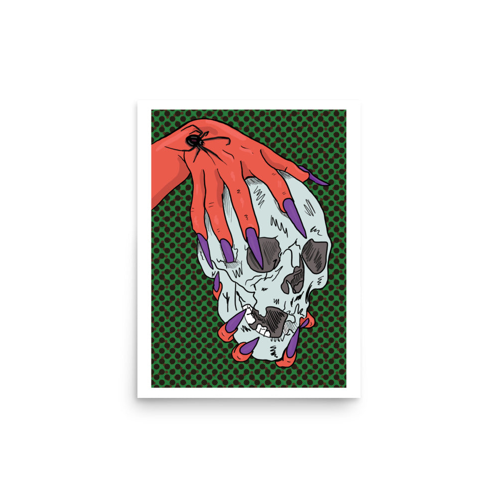 Halloween horror poster print with demon hands holding a skull 