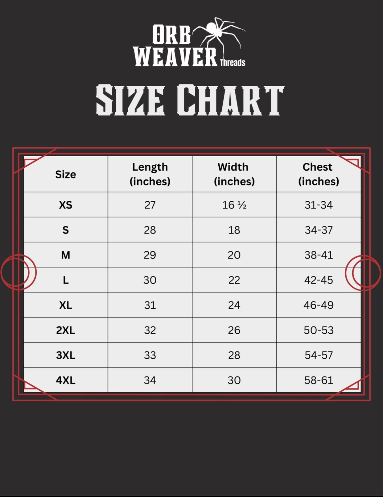 orbweaver threads size chart 