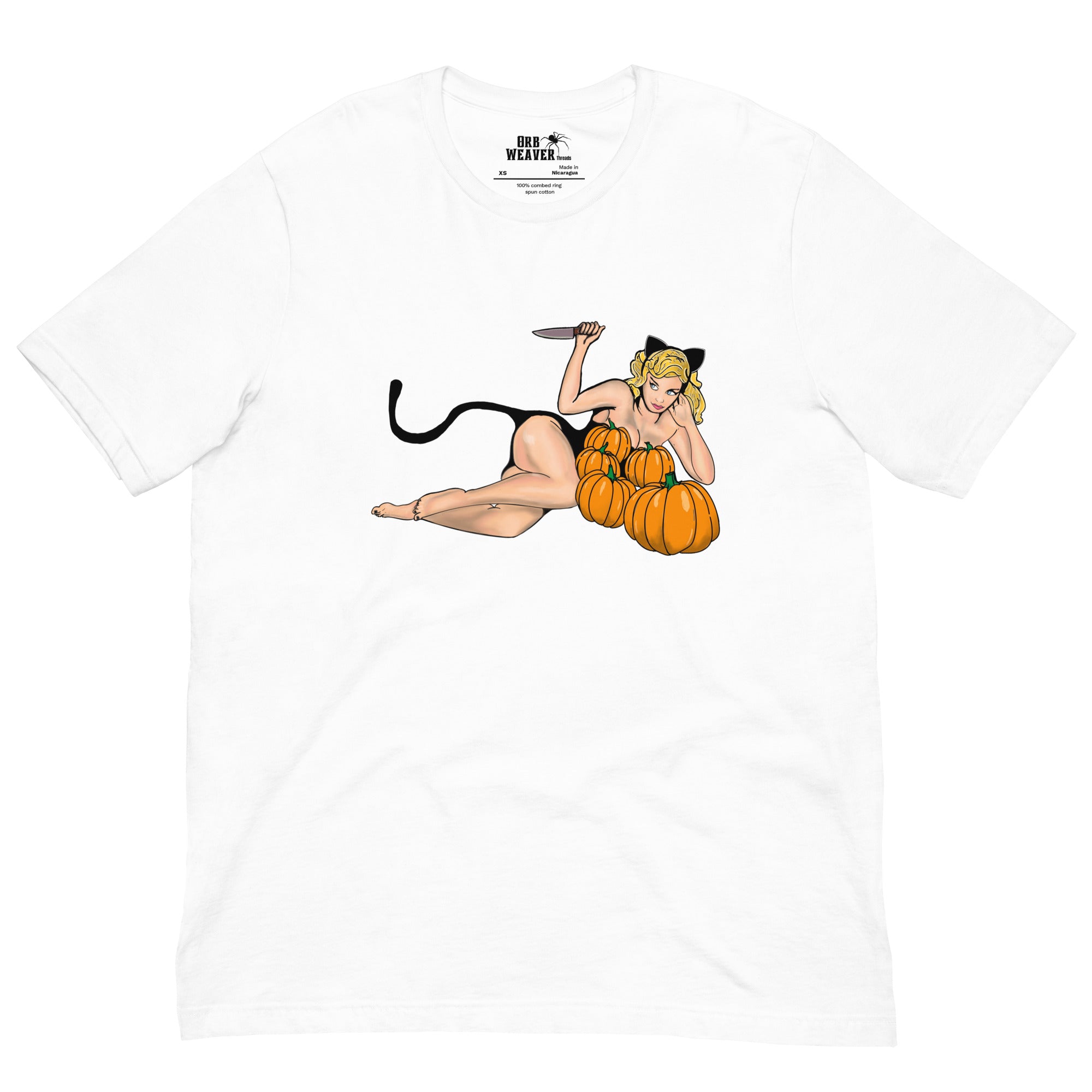 Halloween horror graphic tee with pinup girl surrounded by pumpkins